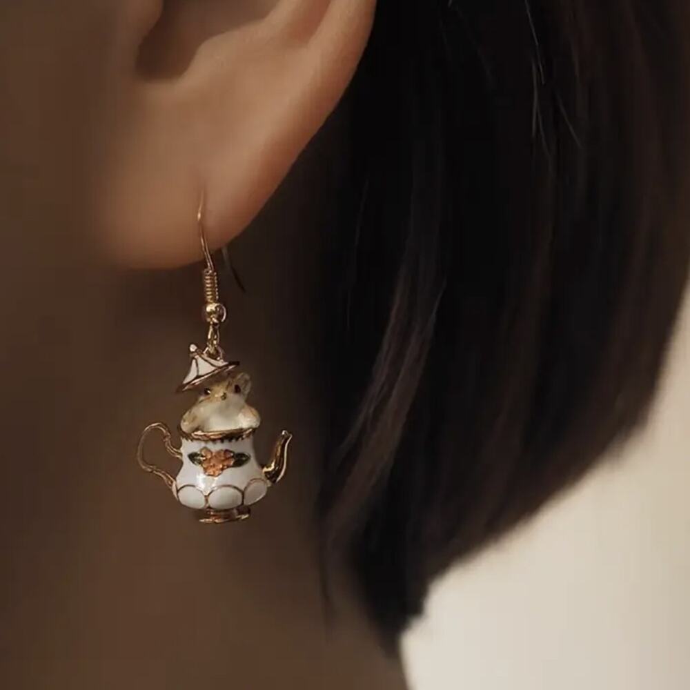 Teapot Chipmunk Dangle Earrings – 14K Gold Plated Enamel Charm, Kawaii New - Picture 3 of 6